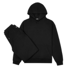 A full black tracksuit with embossed logo. A hoodie and matching pants