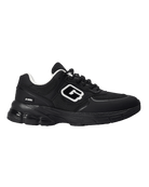 A black low-top sneaker with leather panels, black laces, and white contrast stitching, shown in a side profile on a white background.