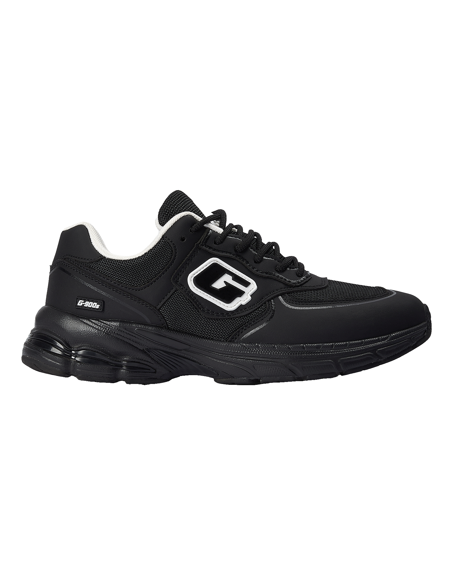 A black low-top sneaker with leather panels, black laces, and white contrast stitching, shown in a side profile on a white background.