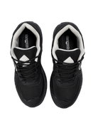 A pair of black athletic sneakers shown from a top-down view on a solid white background. The shoes feature black mesh and synthetic overlays, black laces, and white accents on the collar lining and tongue.