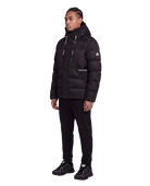 BLACK PUFFER JACKET WITH HARD HOOD AND PULL STRINGS