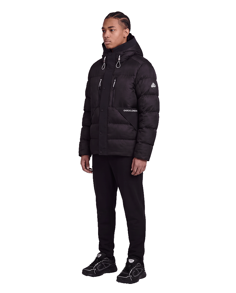 BLACK PUFFER JACKET WITH HARD HOOD AND PULL STRINGS