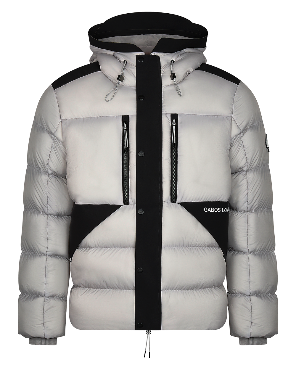 Front of luxury puffer jacket by gabos london. black and grey jacket with hard beak hood