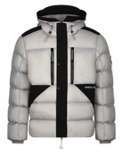 Front of luxury puffer jacket by gabos london. black and grey jacket with hard beak hood