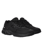 Black sneakers with various logos on a white background