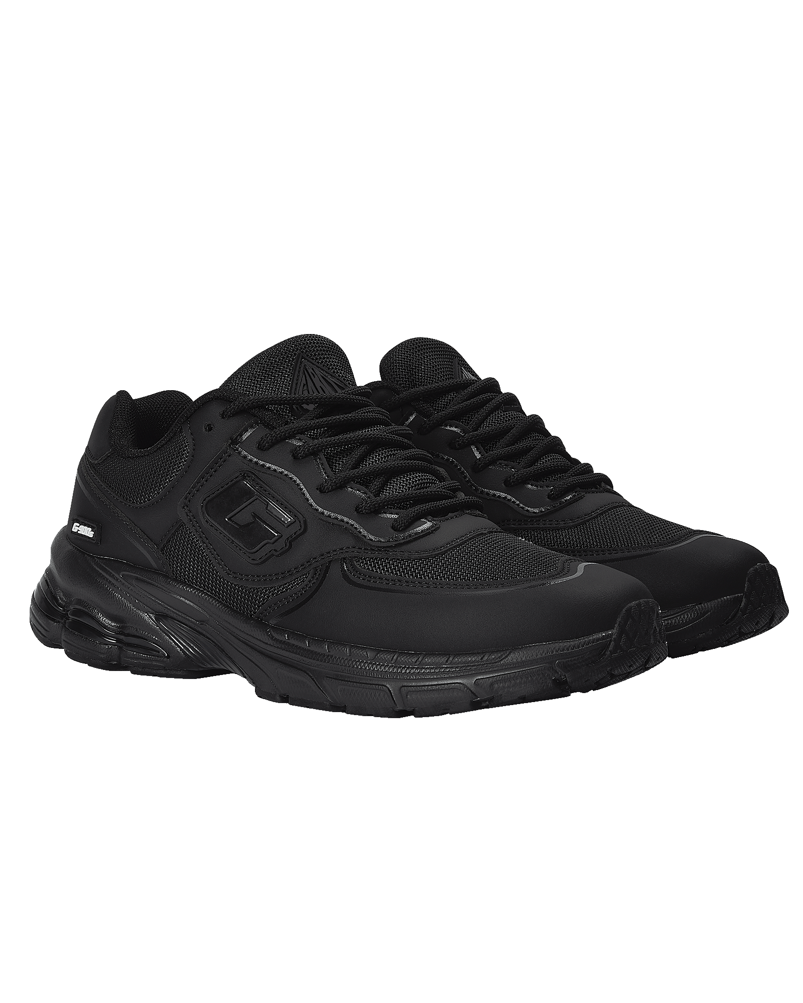 Black sneakers with various logos on a white background