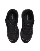 A pair of black athletic sneakers shown from a top-down view on a plain white background. The shoes feature black mesh and synthetic overlays, black laces, and thin pink accent lines along the sides.