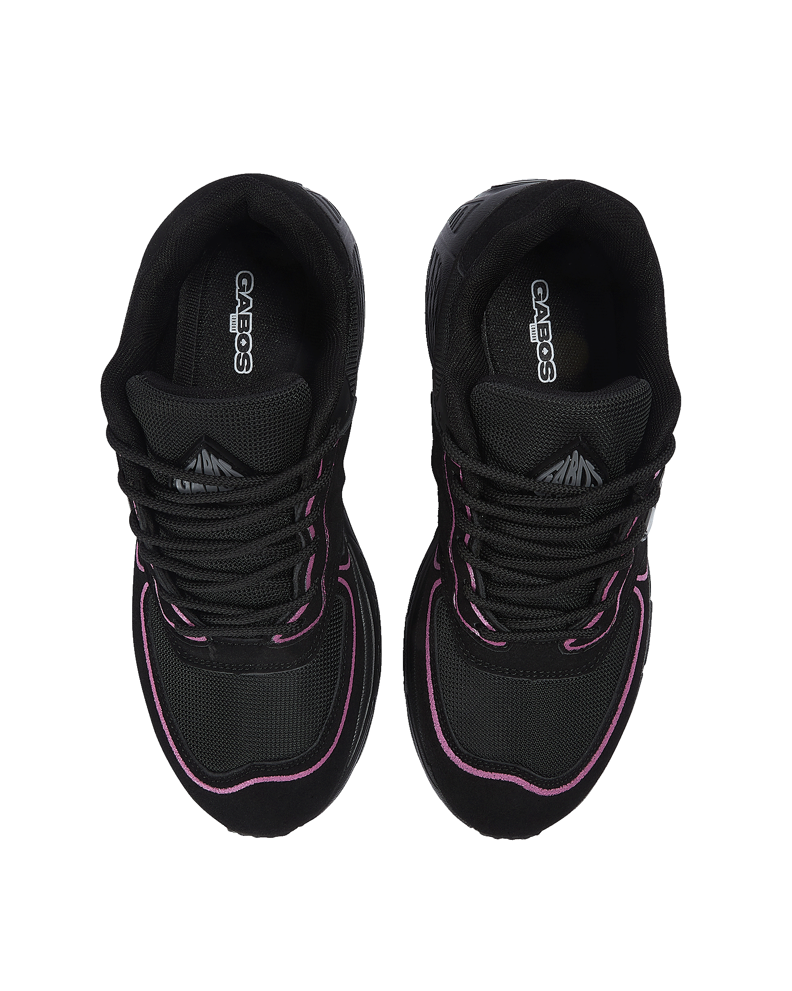 A pair of black athletic sneakers shown from a top-down view on a plain white background. The shoes feature black mesh and synthetic overlays, black laces, and thin pink accent lines along the sides.