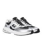 A pair of metallic silver and black athletic sneakers with white midsoles, shown from a side profile view on a plain white background.