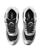 A pair of black and silver athletic sneakers shown from a top-down view on a solid white background. The shoes feature black mesh panels, metallic silver overlays, black and white laces, and the brand name 'GABOS' printed on the black insoles.