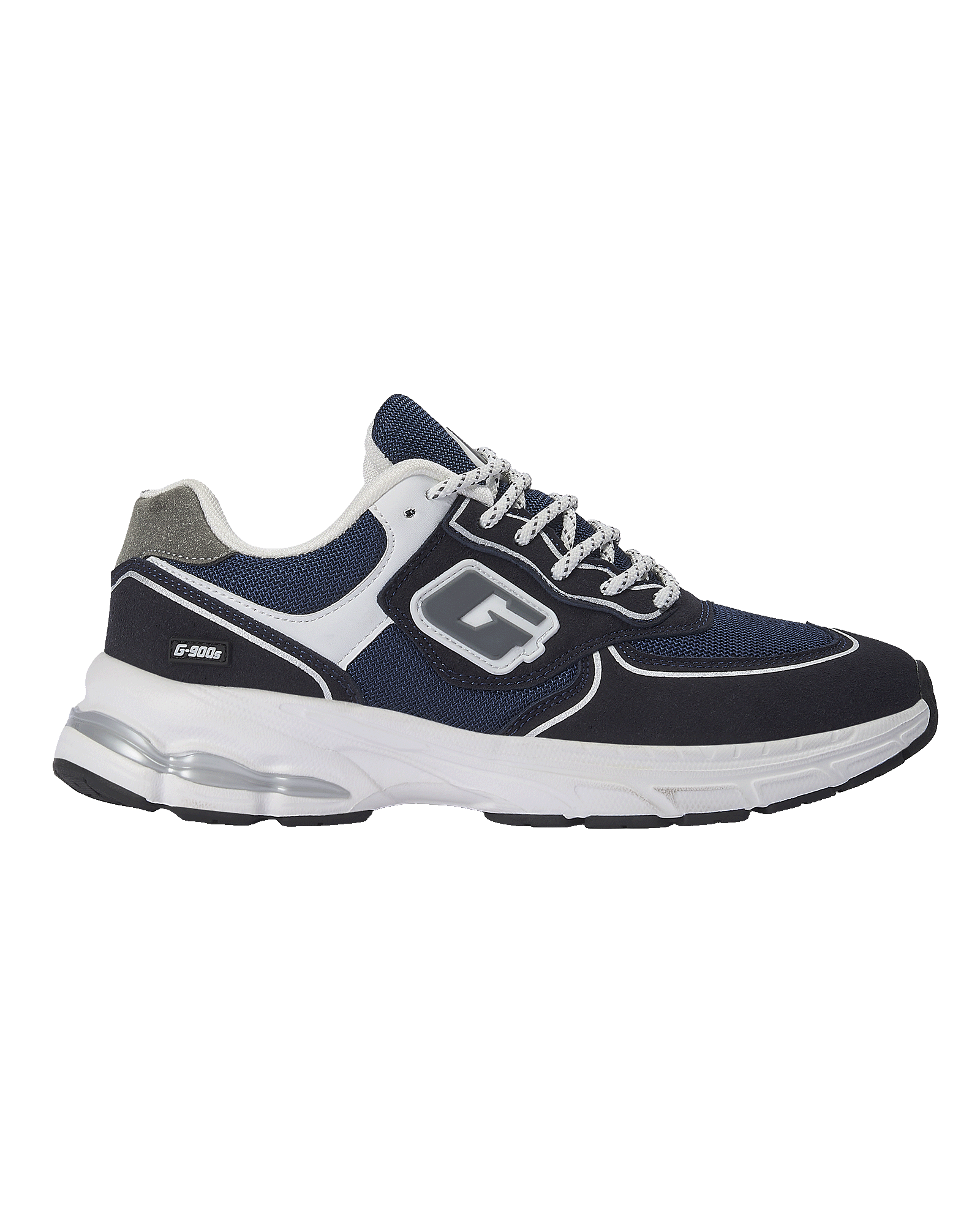 A navy blue and white athletic sneaker with a thick white sole, featuring a large 'G' logo on the side and the model name 'G-900S' printed on the heel.