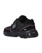 A black athletic sneaker with pink piping accents and a chunky black sole, shown from a side profile on a white background.