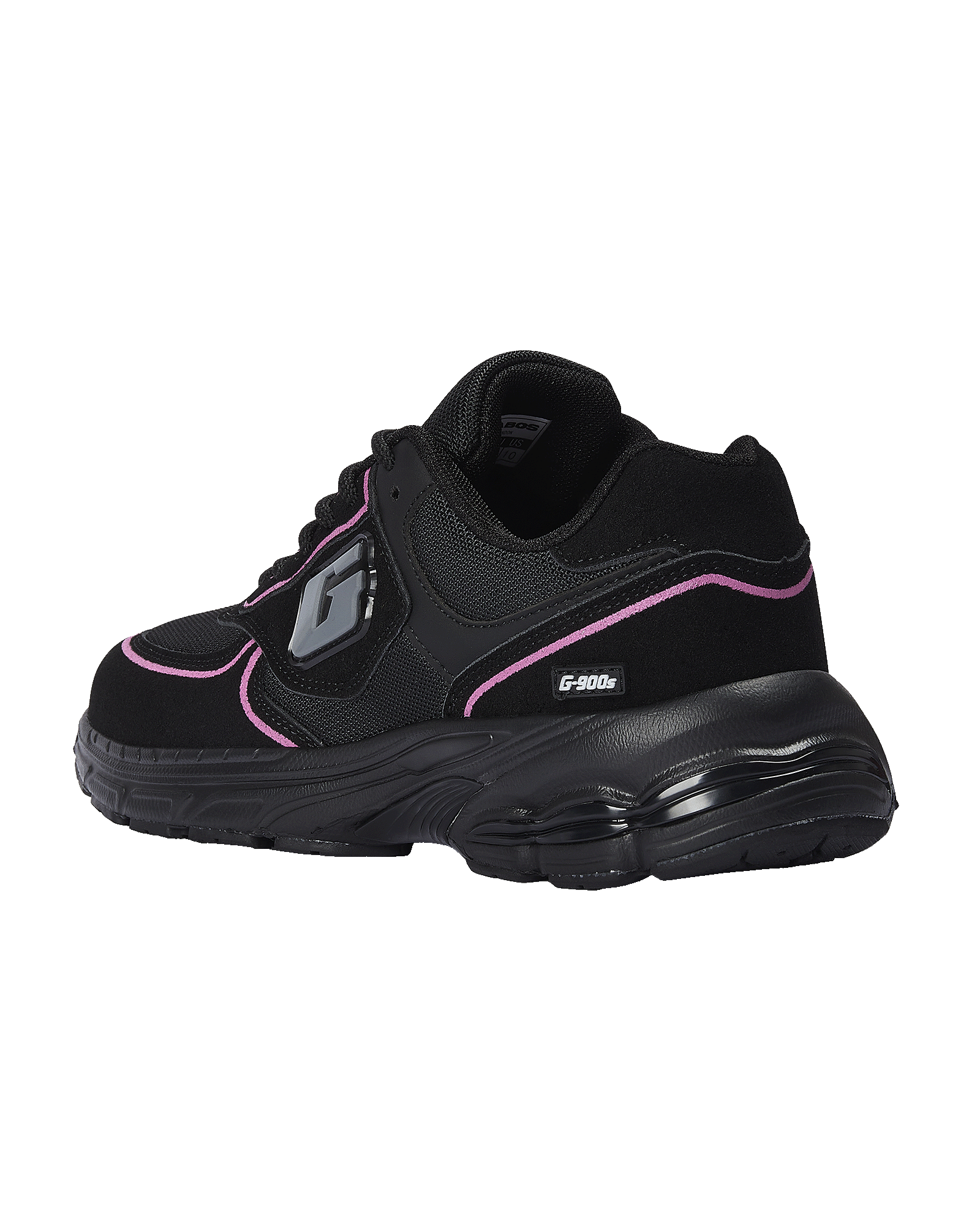 A black athletic sneaker with pink piping accents and a chunky black sole, shown from a side profile on a white background.