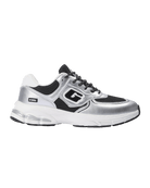 A silver and black athletic sneaker with a chunky white midsole and black laces, shown from a side profile on a white background.