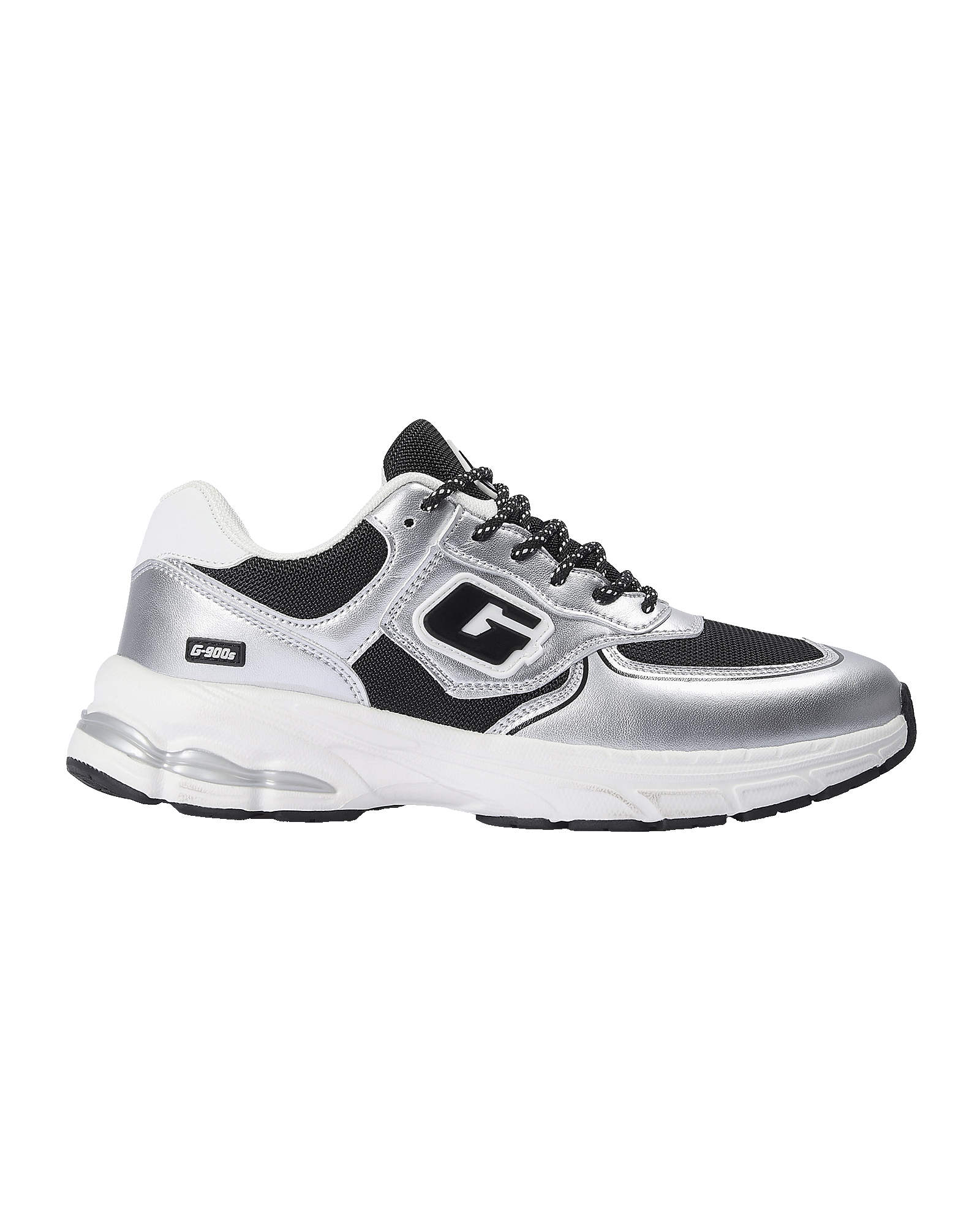 A silver and black athletic sneaker with a chunky white midsole and black laces, shown from a side profile on a white background.