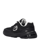 A black athletic sneaker with a chunky sole, featuring a white and black 'G' logo on the side, white laces, and a white interior lining, shown against a plain white background.