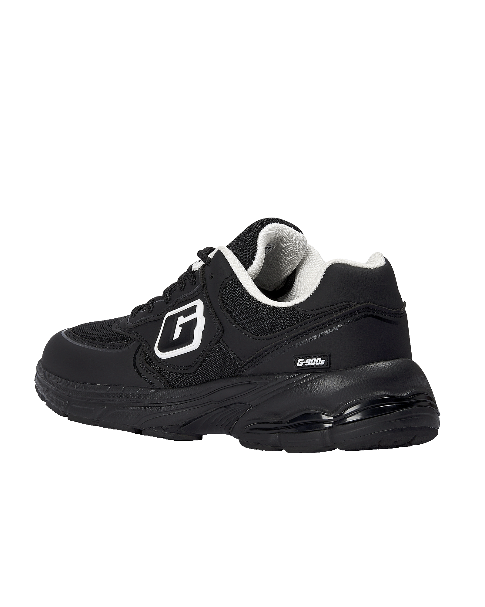 A black athletic sneaker with a chunky sole, featuring a white and black 'G' logo on the side, white laces, and a white interior lining, shown against a plain white background.