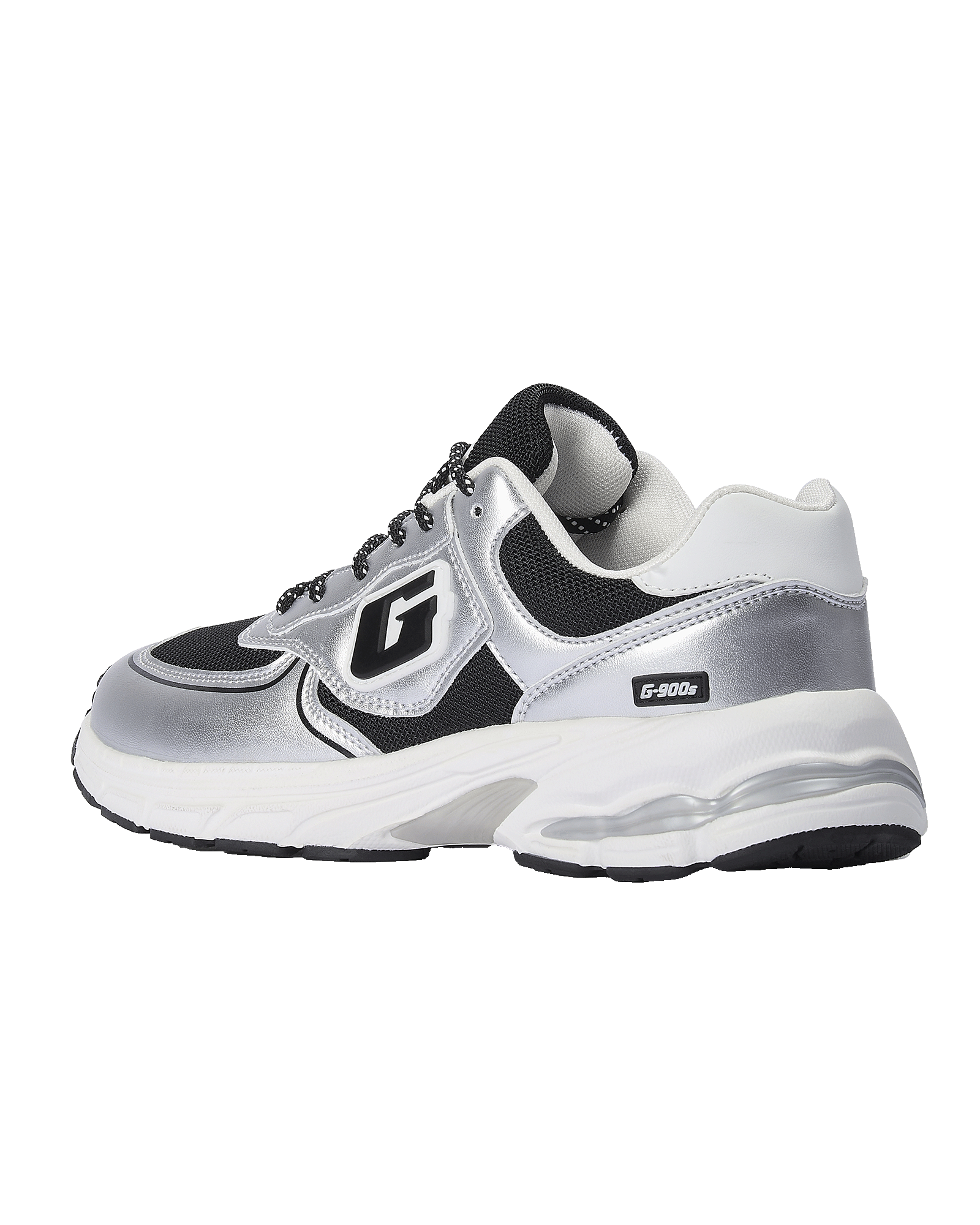 A silver and black athletic sneaker with a chunky white sole, featuring a metallic silver upper, black mesh panels, and a white midsole.