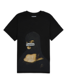Front view of black relaxed fit t shirt with reflective GABOS Mona Lisa ski mask graphic