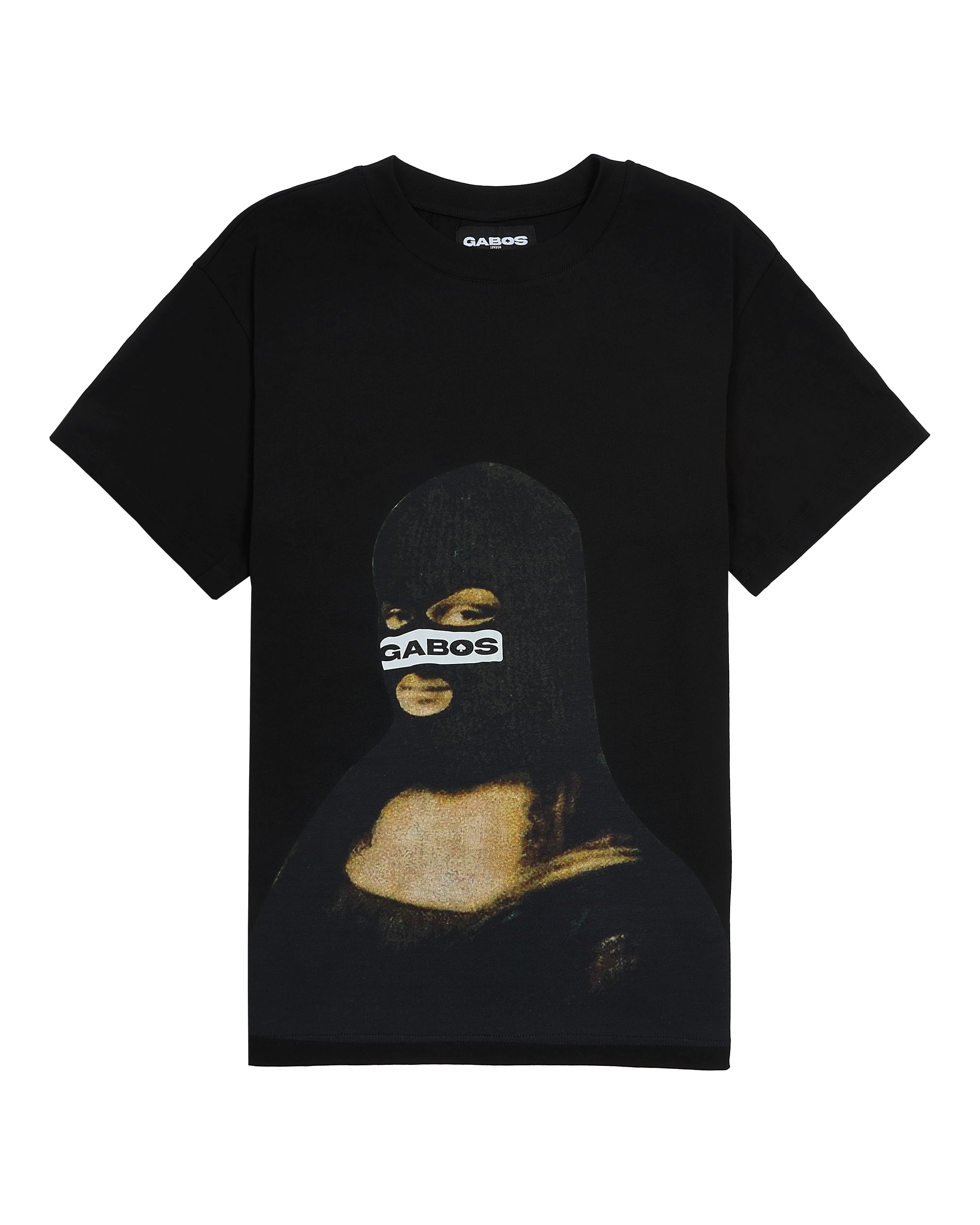 Front view of black relaxed fit t shirt with reflective GABOS Mona Lisa ski mask graphic