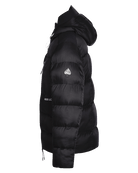 A black puffer jacket with horizontal quilting, a hood, and white embroidered logos on the sleeve and side, shown in profile against a white background.