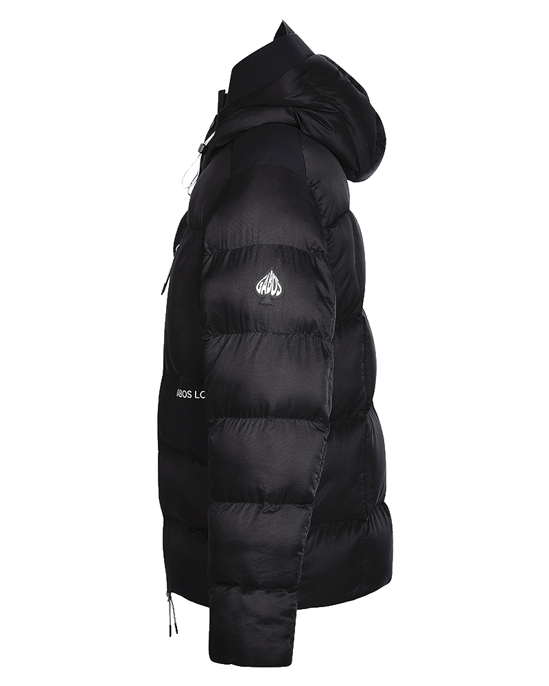 A black puffer jacket with horizontal quilting, a hood, and white embroidered logos on the sleeve and side, shown in profile against a white background.