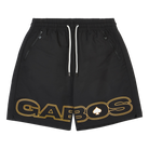 flat lay of black shorts with orange gabos logo