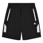 Black athletic shorts with white reflective side panels, a white drawstring, and a small white logo on the left leg, shown against a plain white background.