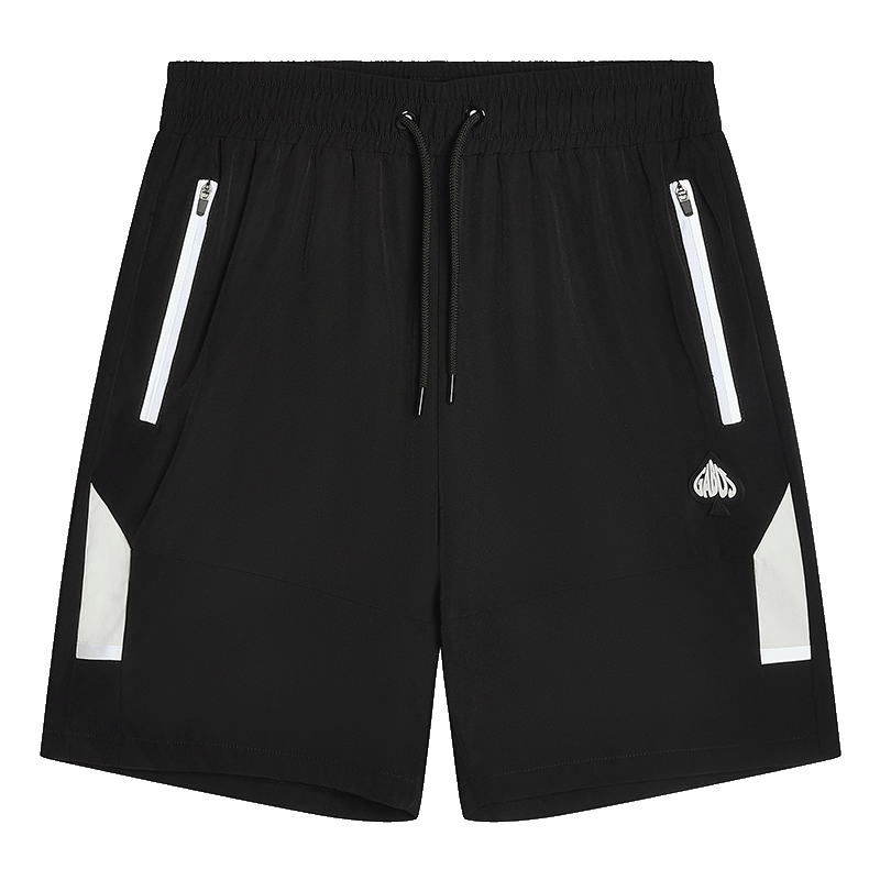 Black athletic shorts with white reflective side panels, a white drawstring, and a small white logo on the left leg, shown against a plain white background.