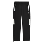 Black athletic pants with white reflective-looking side zipper details, white side panel accents on the legs, and a small white logo on the left thigh, shown against a plain white background.