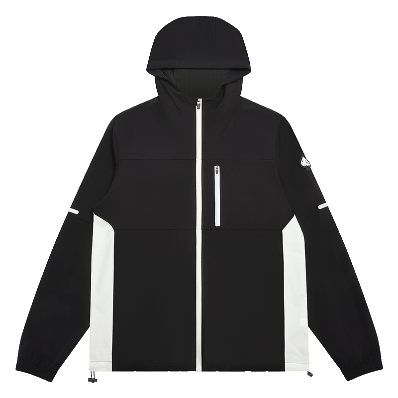 A black hooded tracksuit jacket with white side panels and white zipper details, shown flat against a solid white background.