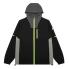 A black hooded tracksuit jacket with gray side and shoulder panels, a bright neon yellow-green front zipper, and matching zipper accents on the chest pocket and sleeve, shown on a plain white background.