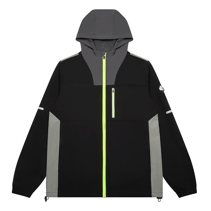 A black hooded tracksuit jacket with gray side and shoulder panels, a bright neon yellow-green front zipper, and matching zipper accents on the chest pocket and sleeve, shown on a plain white background.