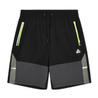 Black athletic shorts with gray color-blocked panels at the lower legs, reflective neon green and white side stripe details, a black drawstring waist, and a small white logo on the left thigh.