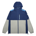 A color-blocked tracksuit hooded jacket with a navy blue upper body and sleeves, light blue shoulder panels, and a large light gray lower body panel, shown on a plain white background.