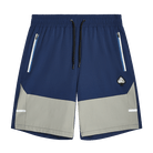 A pair of men's colorblock shorts in navy blue, light gray, and white, featuring an elastic waistband, black drawstring, zippered side pockets, and a small embroidered logo patch on the left thigh.