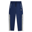 A pair of navy blue athletic pants with light gray side panels and white zipper accents on the side pockets, shown against a plain white background.