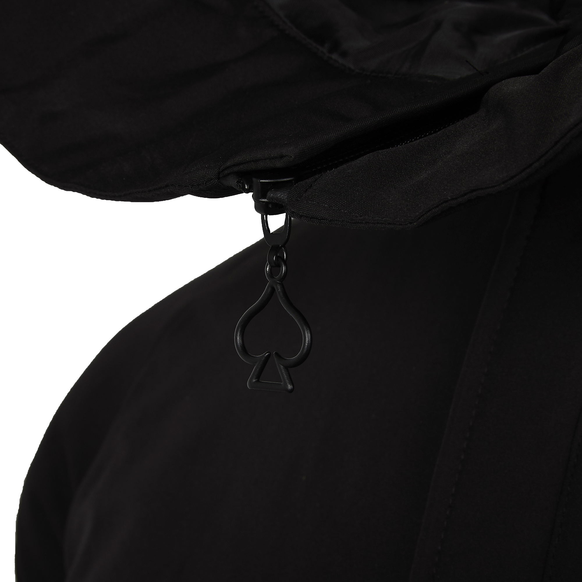 Close-up of a black hooded garment with a black zipper pull shaped like a spade, shown against a white background.