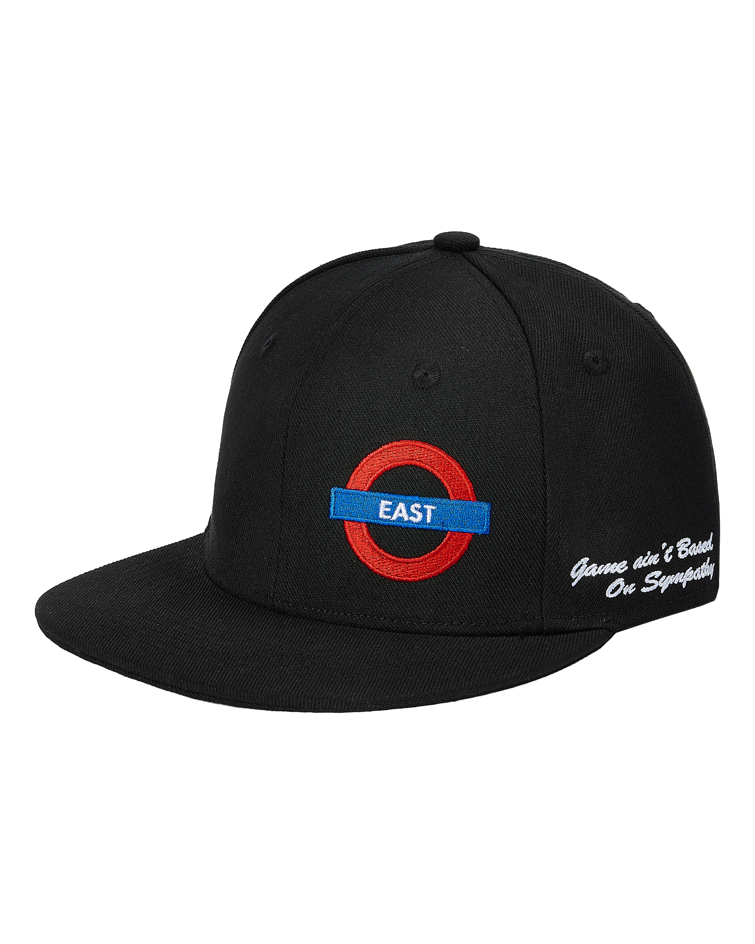 A black flat-brim baseball cap featuring an embroidered red and blue London Underground roundel with the word 'EAST' on the front, and white script embroidery on the side.