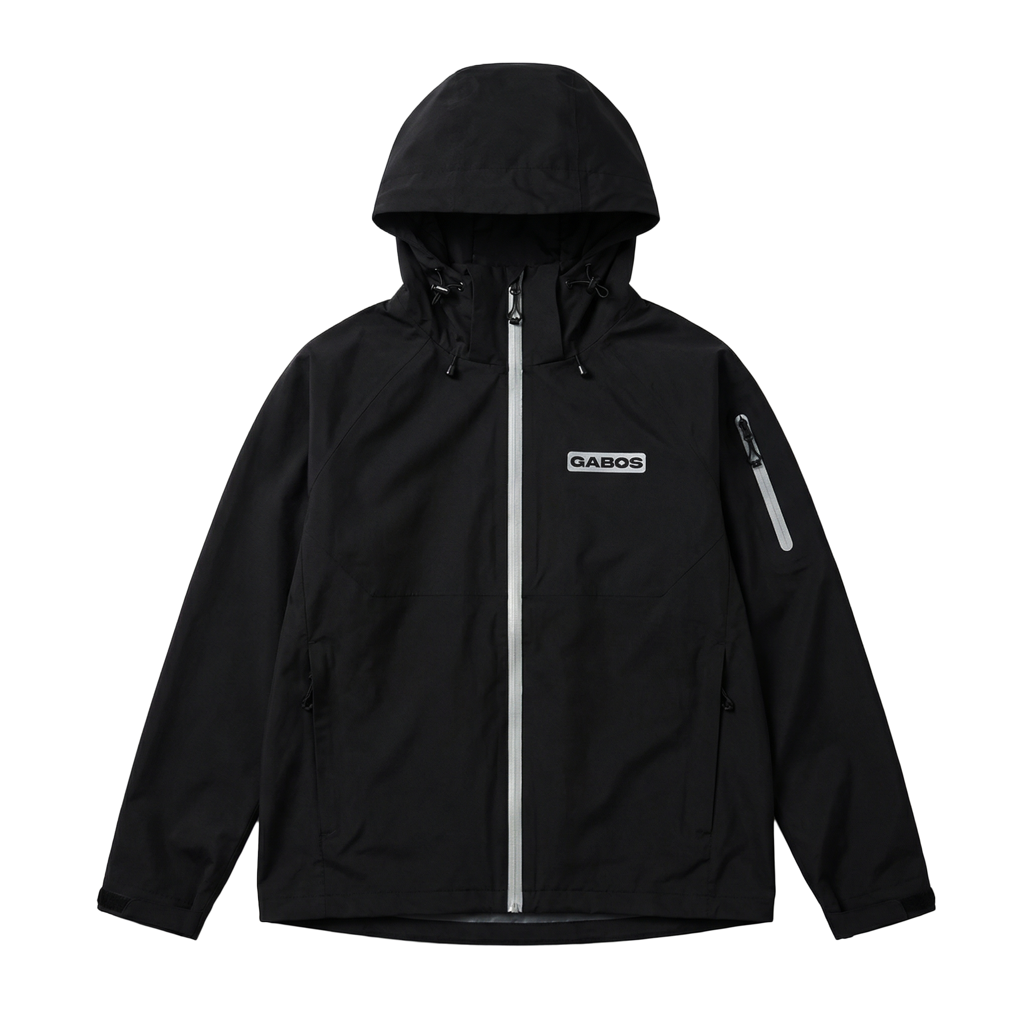 Black jacket with a brand logo on a white background