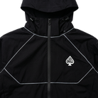 Black jacket with white accents and a logo on a white background