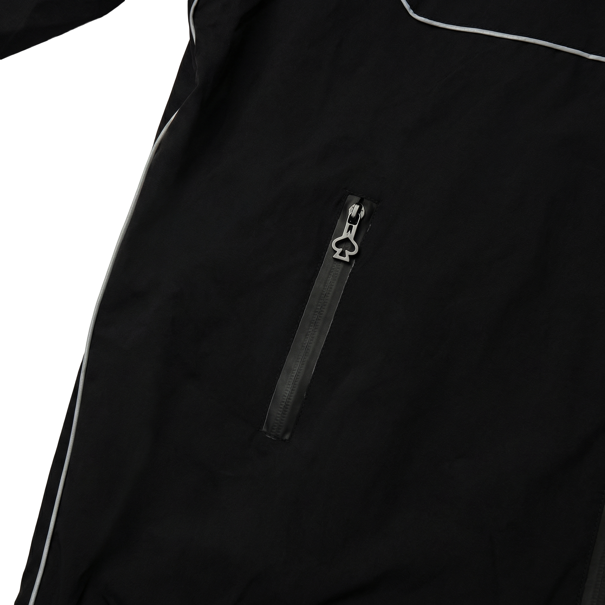 Close-up of a black jacket with a zipper on a white background