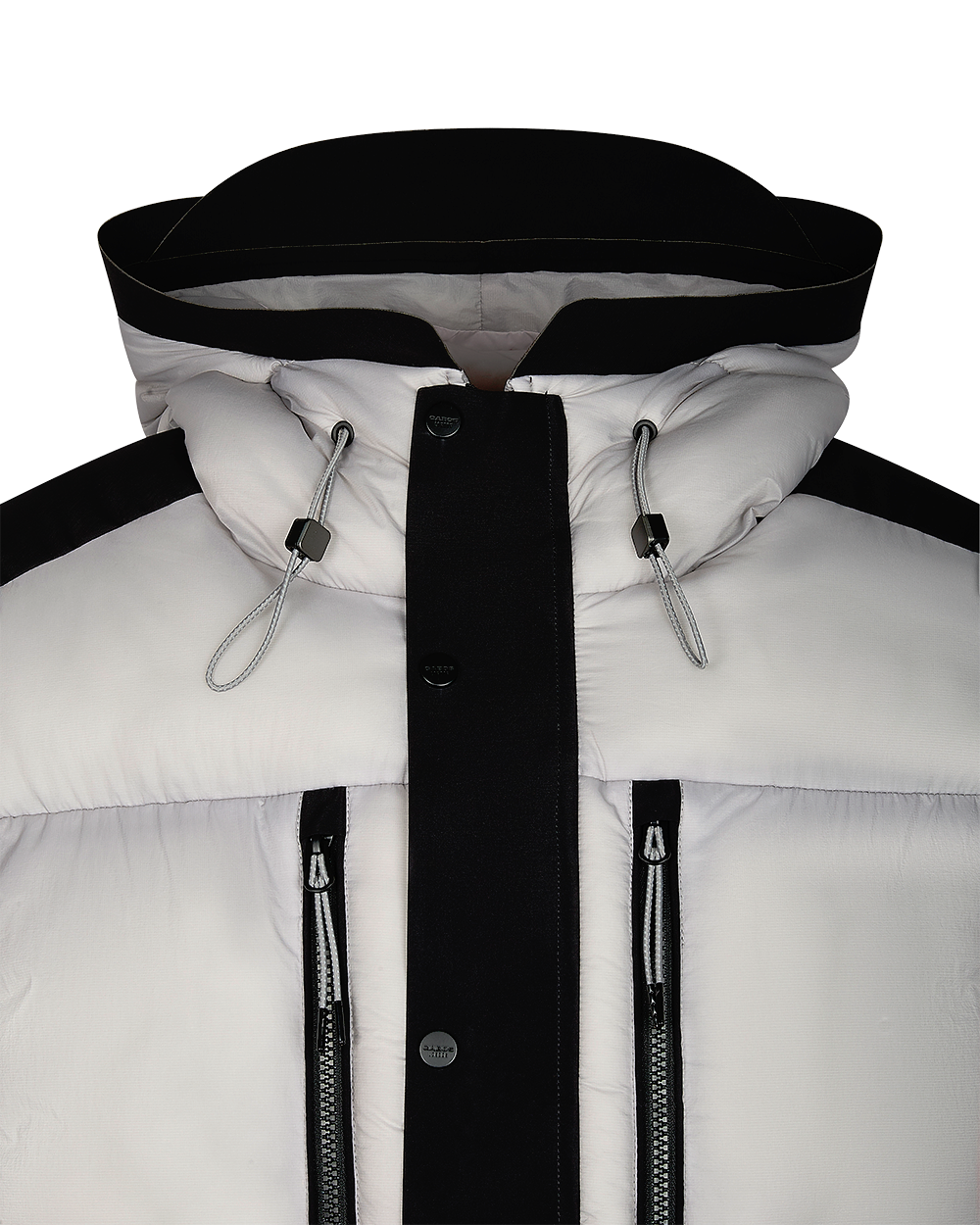 close up of the hood and zip for black and grey puffer jacket by gabos london