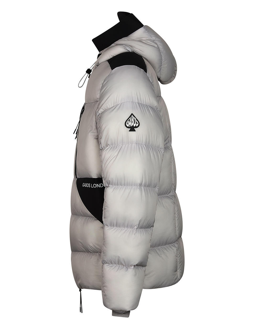 mens grey and black puffer jacket from the side