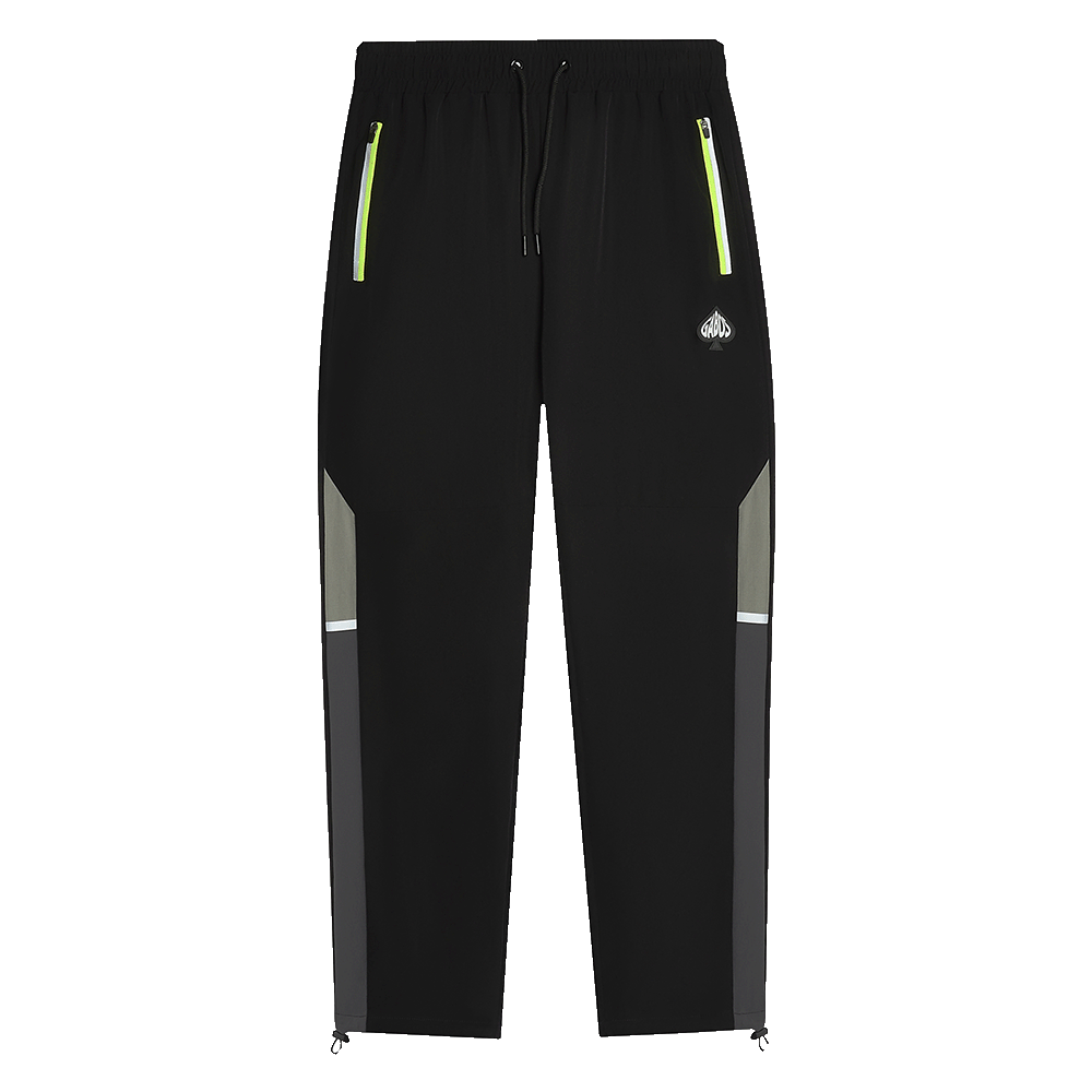 Black athletic pants with gray side panels, neon yellow-green zipper accents, and a small white logo on the left thigh, shown on a plain white background.