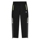 Black athletic pants with gray side panels, neon yellow-green zipper accents, and a small white logo on the left thigh, shown on a plain white background.
