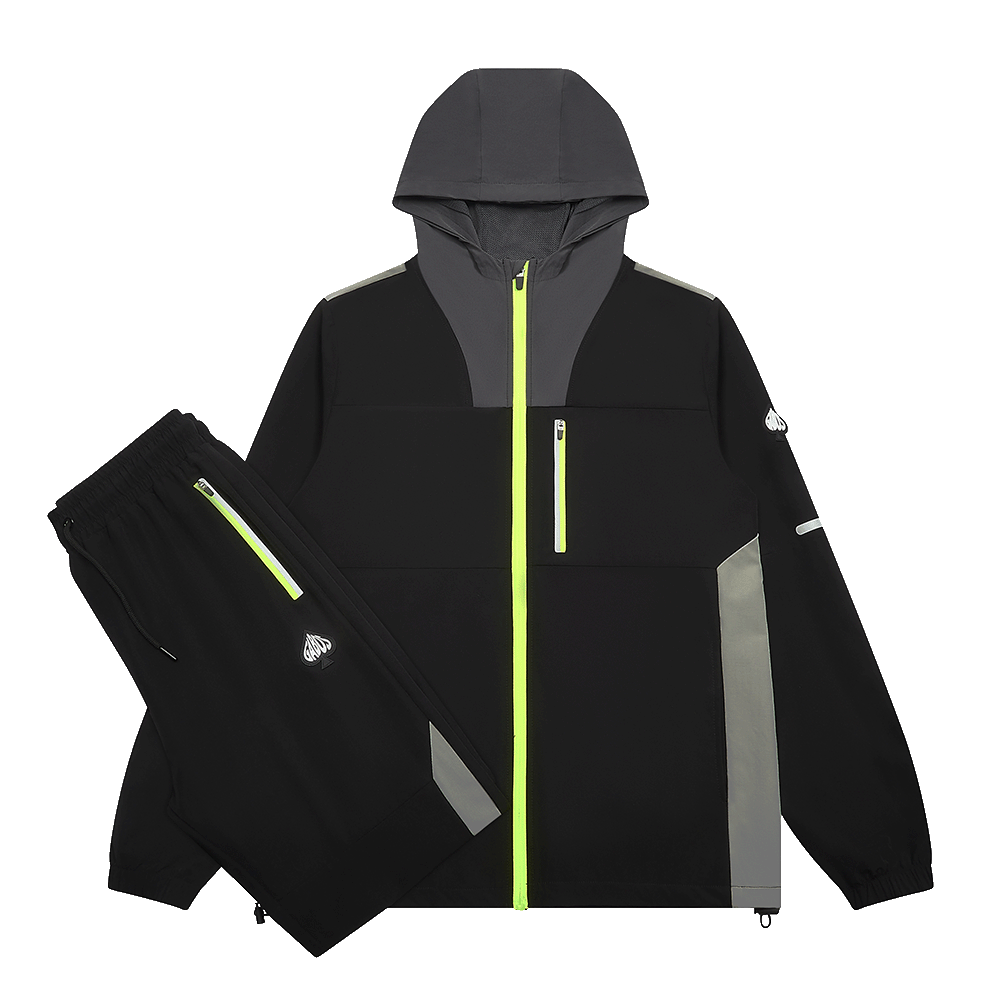 A 3 piece outdoor tracksuit set consisting of a hooded jacket and matching pants, primarily black with gray panels and bright neon yellow-green reflective accents, shown on a plain white background.