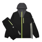 A 3 piece outdoor tracksuit set consisting of a hooded jacket and matching pants, primarily black with gray panels and bright neon yellow-green reflective accents, shown on a plain white background.