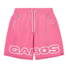 flat lay pink shorts with gabos logo in large print, streetwear