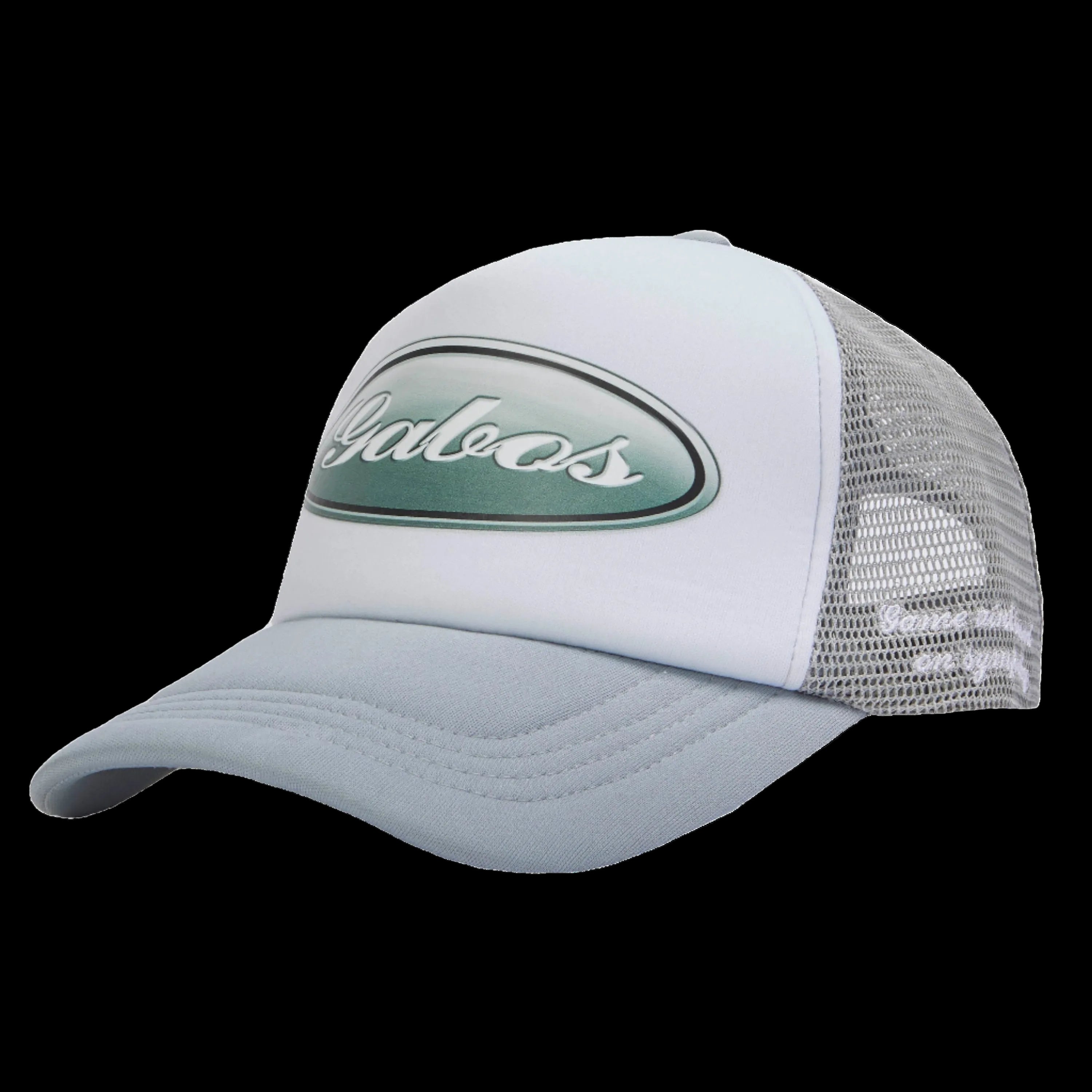 A foam trucker cap with a white crown and mesh back, featuring the 'Gabos Ford tough' logo in silver and green on the front.